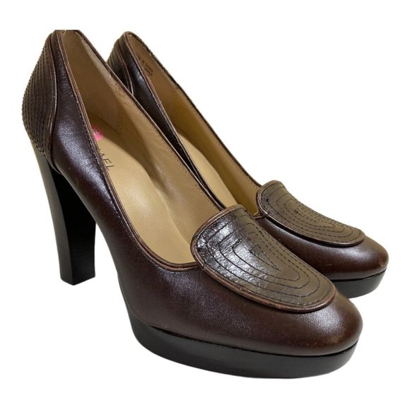 Michael Kors Brown Leather Round Toe Platform Chunky Heels Pumps 6.5M - Picture 1 of 10